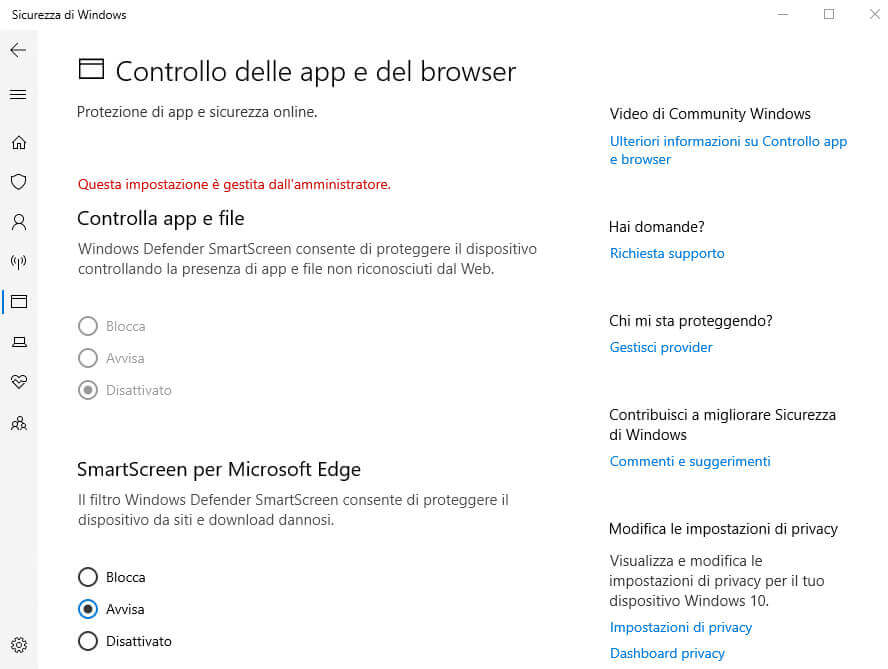 Impostazioni di Windows Defender Controllo delle App e del Browser