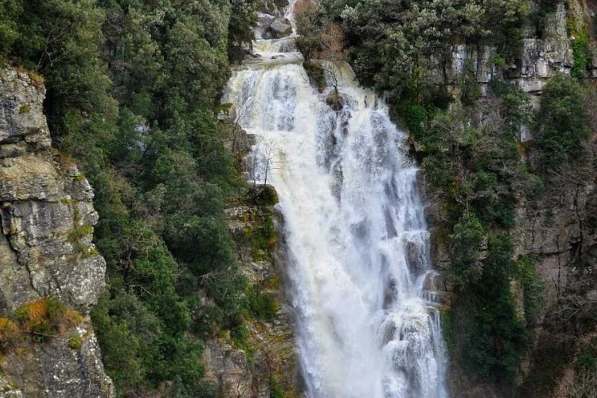Cascate mozzafiato in Trentino, circondate da natura verde e paesaggi incantevoli.